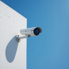 Modern White Security CCTV Camera Mounted on Exterior Wall Against Blue Sky