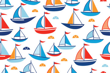 Colorful Sailboat Pattern on White Background with Orange and Blue Accents