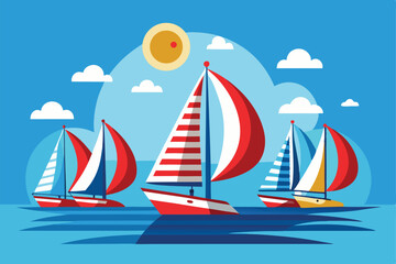 Fototapeta premium Stylized Sailboats on the Ocean with Sun and Clouds Illustration