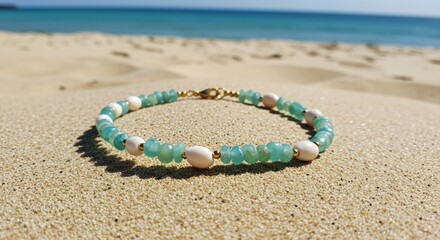 Aqua and White Beaded Bracelet on Sandy Beach
