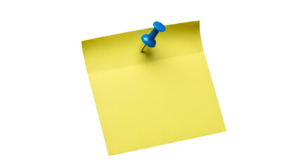 Bright yellow memo note, secured by a vibrant blue pushpin, displays simplicity and modern clarity.