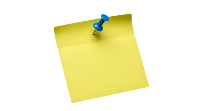 Bright yellow memo note, secured by a vibrant blue pushpin, displays simplicity and modern clarity.