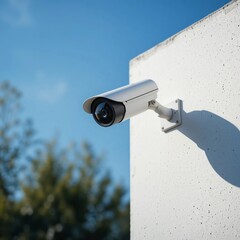 Modern Security Camera Mounted on Exterior Wall Clear Daytime View