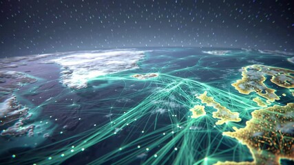 Planet earth rotating in space with highlighted shipping routes and connections between major european cities, representing global trade, logistics, and transportation networks - Powered by Adobe