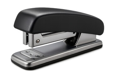 Black and silver stapler isolated on transparent background, sitting flatly with professional office workspace aesthetic