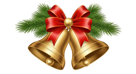 Two gold bells are adorned with a red bow and sprigs of greenery, festive and inviting decor.