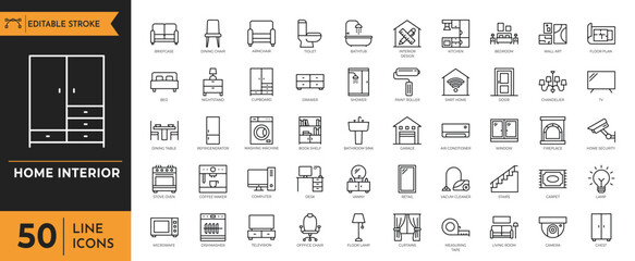 Home interior outline icon set. Furniture and house decoration icons symbol. Editable stroke. Vector illustration