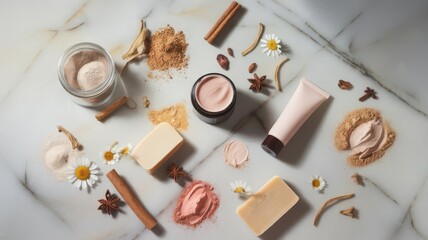 Elevated Flat Lay of Natural Cosmetic Ingredients on Marble Surface, Wellness Concept