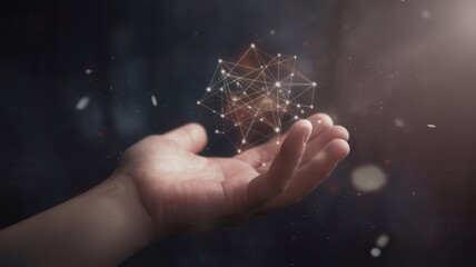Hand holding a geometric network, concept for digital future and innovation