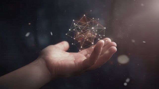 Hand holding a geometric network, concept for digital future and innovation - Powered by Adobe