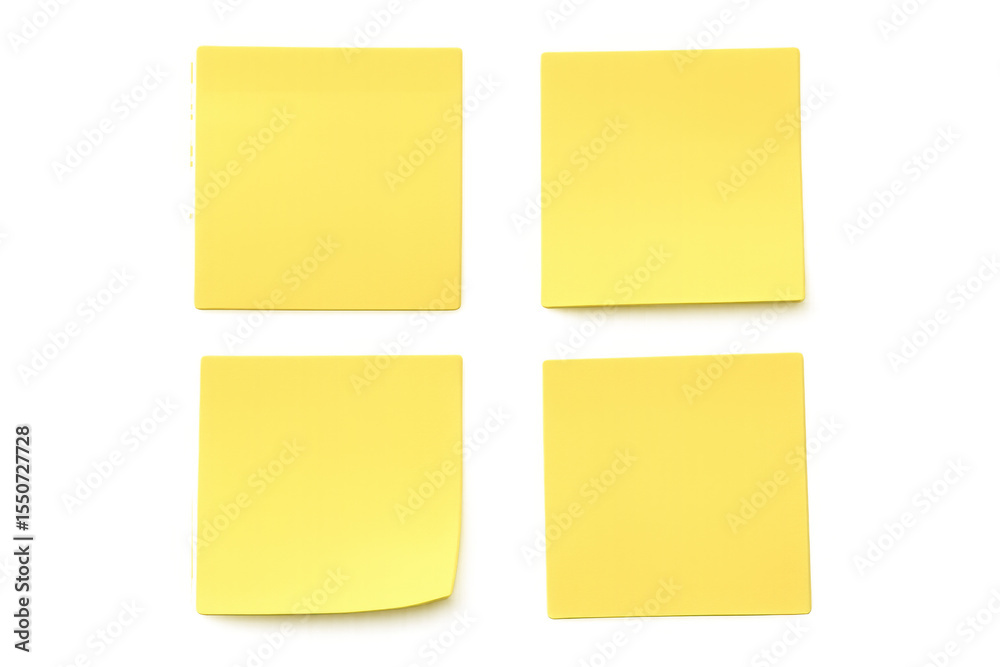 Poster four blank yellow sticky notes isolated on a transparent background, perfect for adding your own tex