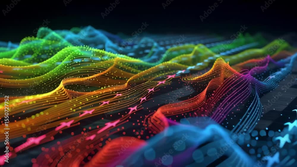 Poster flowing abstract colorful particle waves on a dark background create a mesmerizing visual effect, em