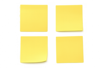 Four blank yellow sticky notes isolated on a transparent background, perfect for adding your own text or reminders