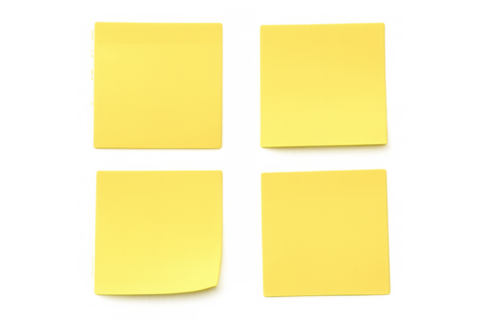 Four blank yellow sticky notes isolated on a transparent background, perfect for adding your own text or reminders