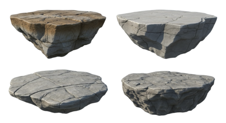 Four geometric stone formations exhibit variations in texture and coloring on a plain backdrop.