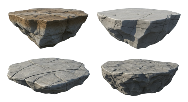 Four geometric stone formations exhibit variations in texture and coloring on a plain backdrop.