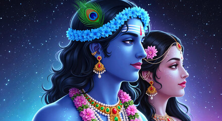 Radha Krishna Eternal Love in High Detail &ndash; Radiant Portrait of Radha Krishna with Glow, Divine Blessed Expression and High Quality Finish of Krishna in a Starry Night Sky Blue & Purple Shades