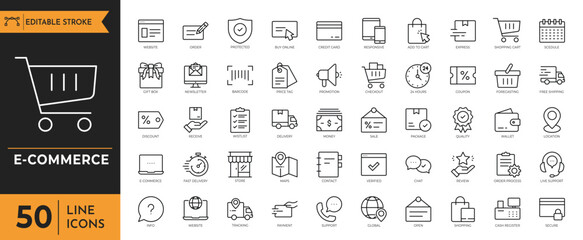 E-commerce outline icon set. Containing Online shopping, shopping cart, delivery, payment, marketing, sale tag, basket, and more. Editable stroke. Vector illustration