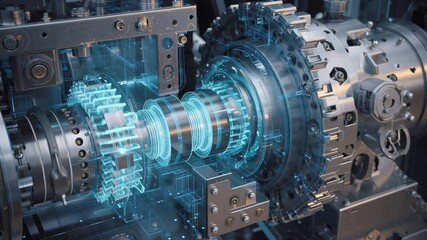 Futuristic hologram displaying complex internal components of a powerful marine engine, emphasizing advanced technology and precision engineering in maritime propulsion systems - Powered by Adobe