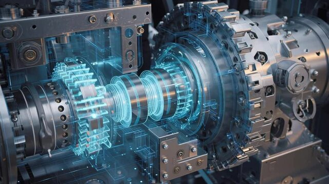 Futuristic hologram displaying complex internal components of a powerful marine engine, emphasizing advanced technology and precision engineering in maritime propulsion systems