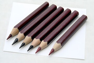 Obraz premium Five Dark Brown Wood Cased Pencils on White Paper