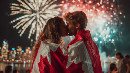 Obraz premium A couple wrapped in a Canadian flag, kissing under a sky full of Canada Day fireworks. stock image