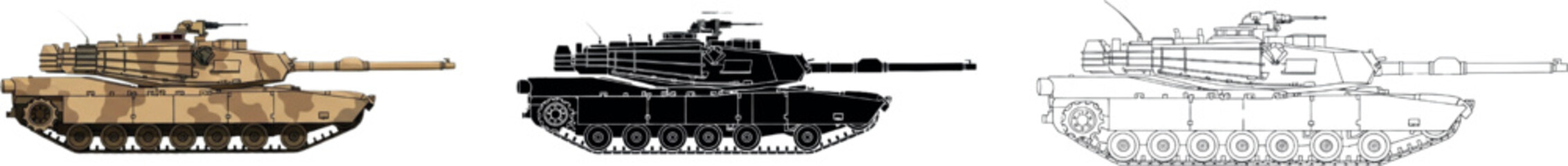 Detailed M1 Abrams Tank Illustrations: Desert Camo, Silhouette & Technical Line Art – Side Profile Comparison of Modern Main Battle Tank Designs
