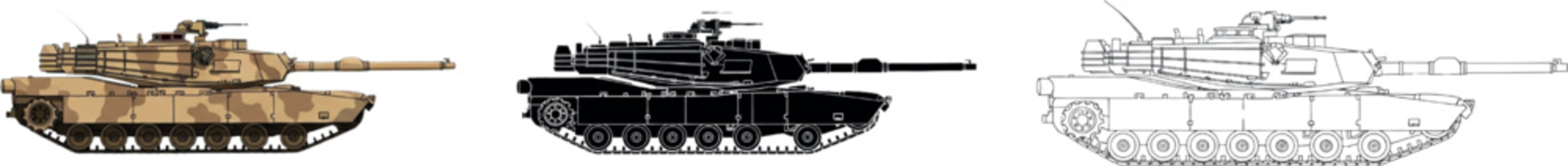 Detailed M1 Abrams Tank Illustrations: Desert Camo, Silhouette & Technical Line Art &ndash; Side Profile Comparison of Modern Main Battle Tank Designs