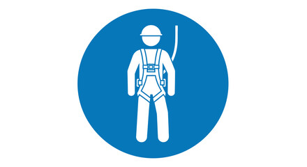 Safety Sign: White Silhouette of Person Wearing Harness, Blue Circle