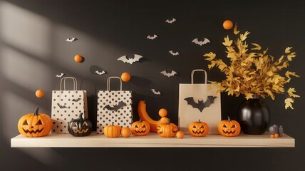 A stylish and festive Halloween display showcasing pumpkins, bats, and elegant foliage