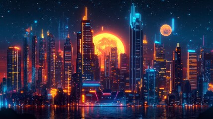 Fototapeta premium Futuristic Cityscape at Night with Bright Moon and Neon Lights