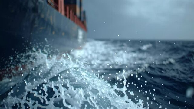 White water forcefully splashing alongside container ship's hull while sailing over dark blue ocean waters under cloudy maritime sky. Representing global shipping and maritime transportation industry