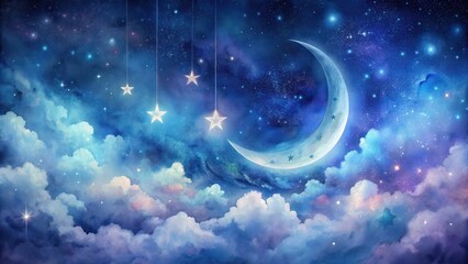 Fototapeta premium Serene Night Sky with Crescent Moon and Dangling Stars Above Soft Cloudscape