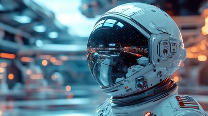 Fototapeta premium Astronaut in Space Helmet Reflecting Stars and Space Environment