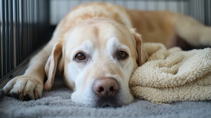 Relaxed Dog Lying on Soft Blanket Inside a Pet Crate Comfortably