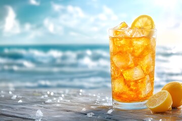 Refreshing Iced Tea with Lemon and Ice on a Beachside Table with Ocean View