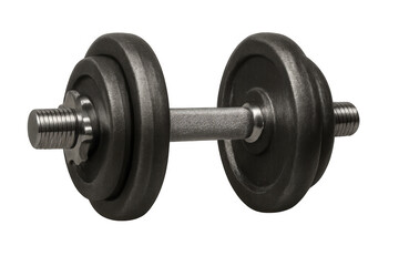 Close-up of adjustable dumbbell with textured metal weights, promoting strength training and fitness on a transparent background