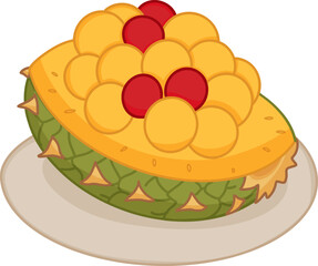 Pineapple Paradise - Summer Fruit Ice Bowl, A halved pineapple, filled with golden pineapple scoops and bright red fruit balls - Served on a plate for Food and Beverage Design use.