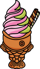 Soft-serve ice cream in luscious pink and green swirls, served in a charming taiyaki cone, Topped with colorful chocolate wafer sticks, Perfect for hot summer days.