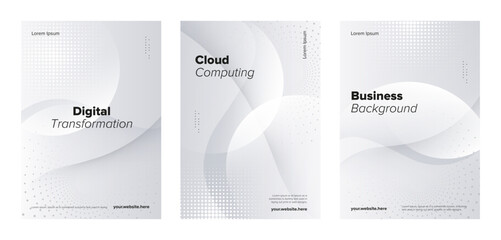 Abstract grey digital poster set. Minimalist wavy and halftone vector business template background. 