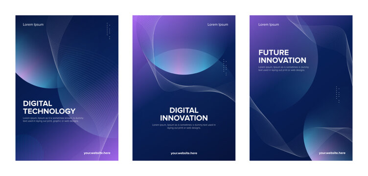 Technology concept poster set. Business AI digital vector template with wave line purple background. 