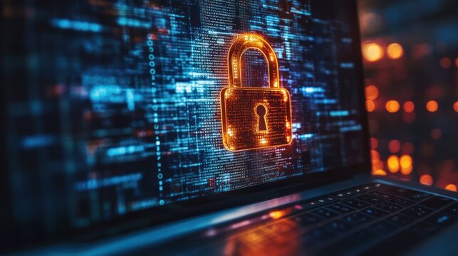 Laptop screen displaying a glowing padlock on a background of computer code