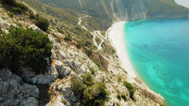 View above Myrtos Beach on clear sunny day on the island of Kefalonia in Greece