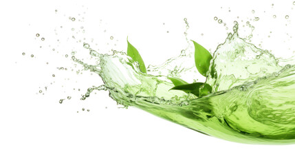  Green tea splash &ndash; dynamic motion of green tea with droplets on transparent background