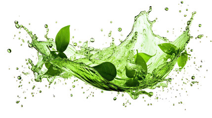 Green tea splash – dynamic motion of green tea with droplets on transparent background