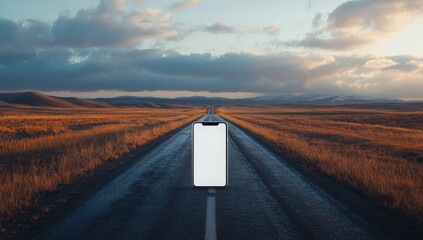Smartphone on a road in a vast landscape