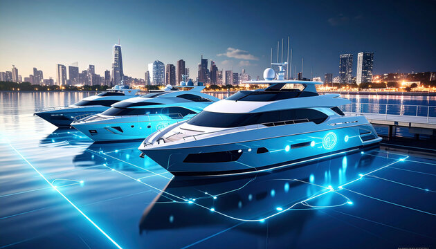 Luxurious yachts at a dock, illuminated by futuristic technology, and showcasing a modern city skyline - Powered by Adobe