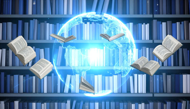 Floating books surround a glowing Earth in a library