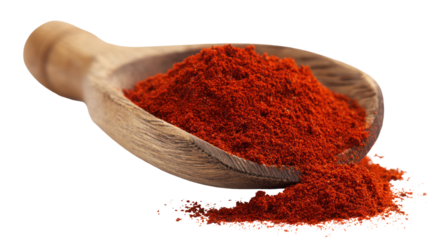  High-resolution close-up of vibrant red chili powder spill on transparent background