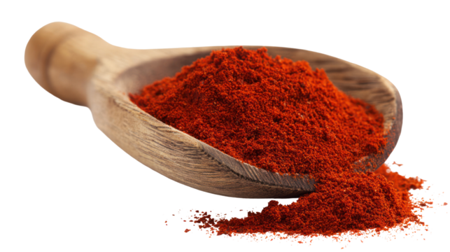  High-resolution close-up of vibrant red chili powder spill on transparent background